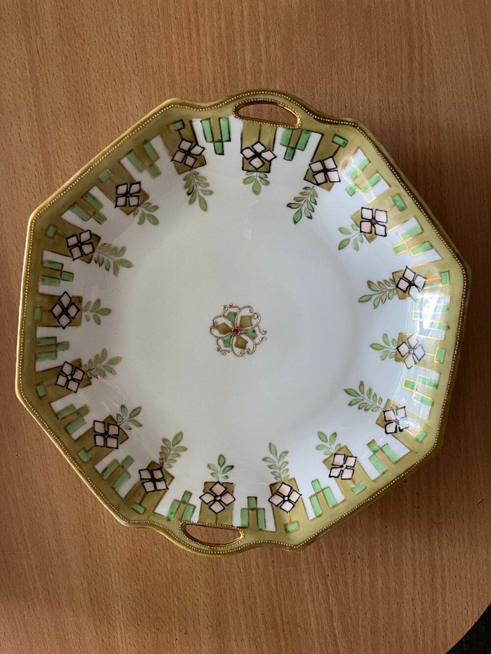 Antique hand painted Nippon handled octagonal serving dish geometric gold leaf